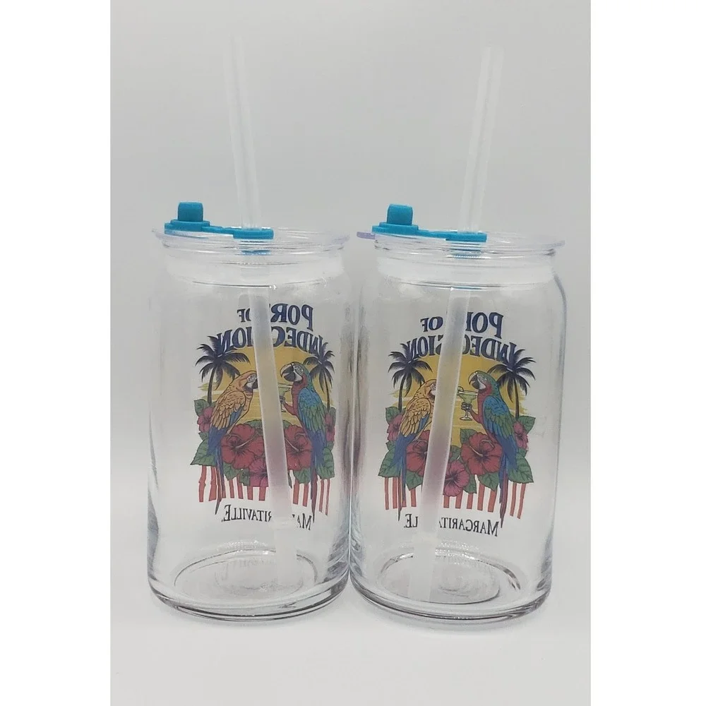 Margaritaville Glass Sipper Cup Port of Indecision Set of 2 Lids Straws 16oz